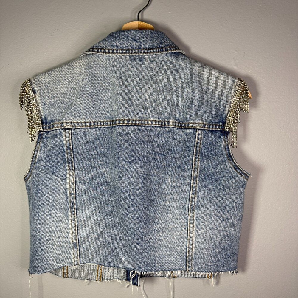 BLANKNYC Crystal Rhinestone Fringe Cropped Denim Vest Light Wash Size Small - Picture 3 of 7